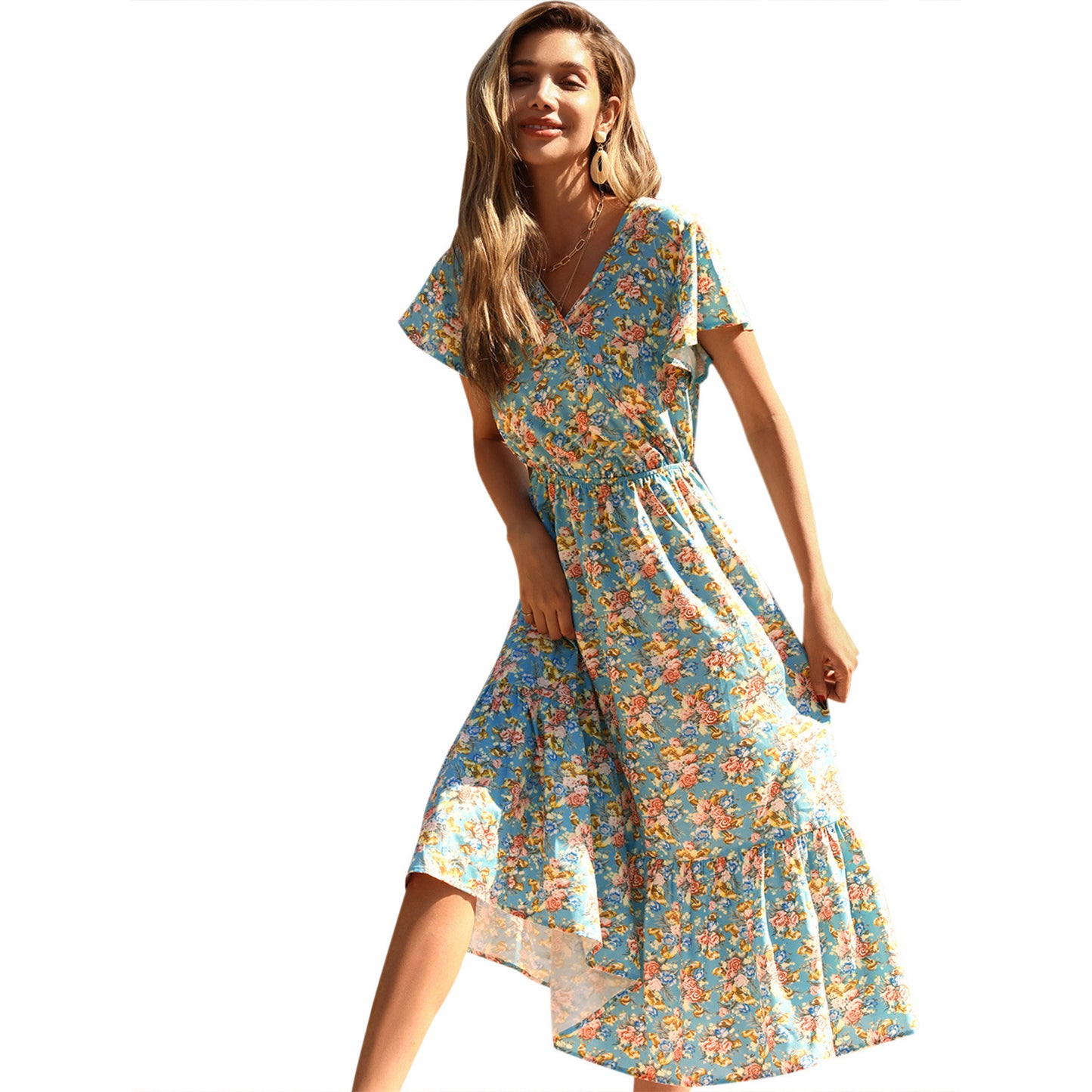 Robe maxi d'été pour femmes avec des motifs floraux et un insert élastique à la taille Chic und Stil