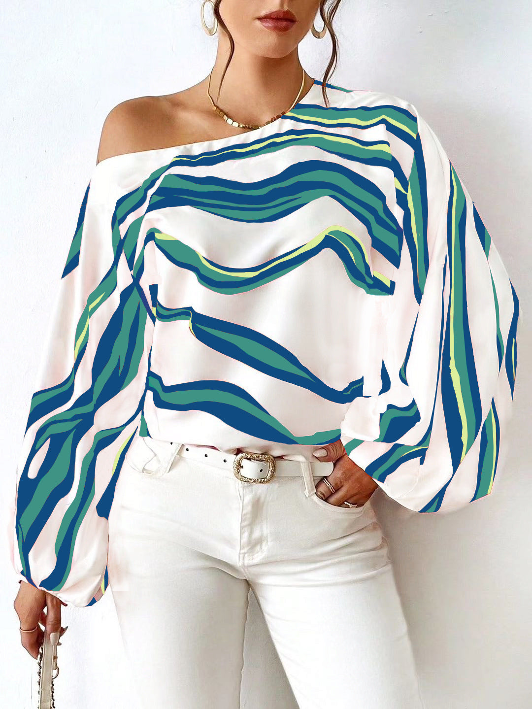 Blouse satin off-shoulder pour femmes avec manches bouffantes Chic und Stil