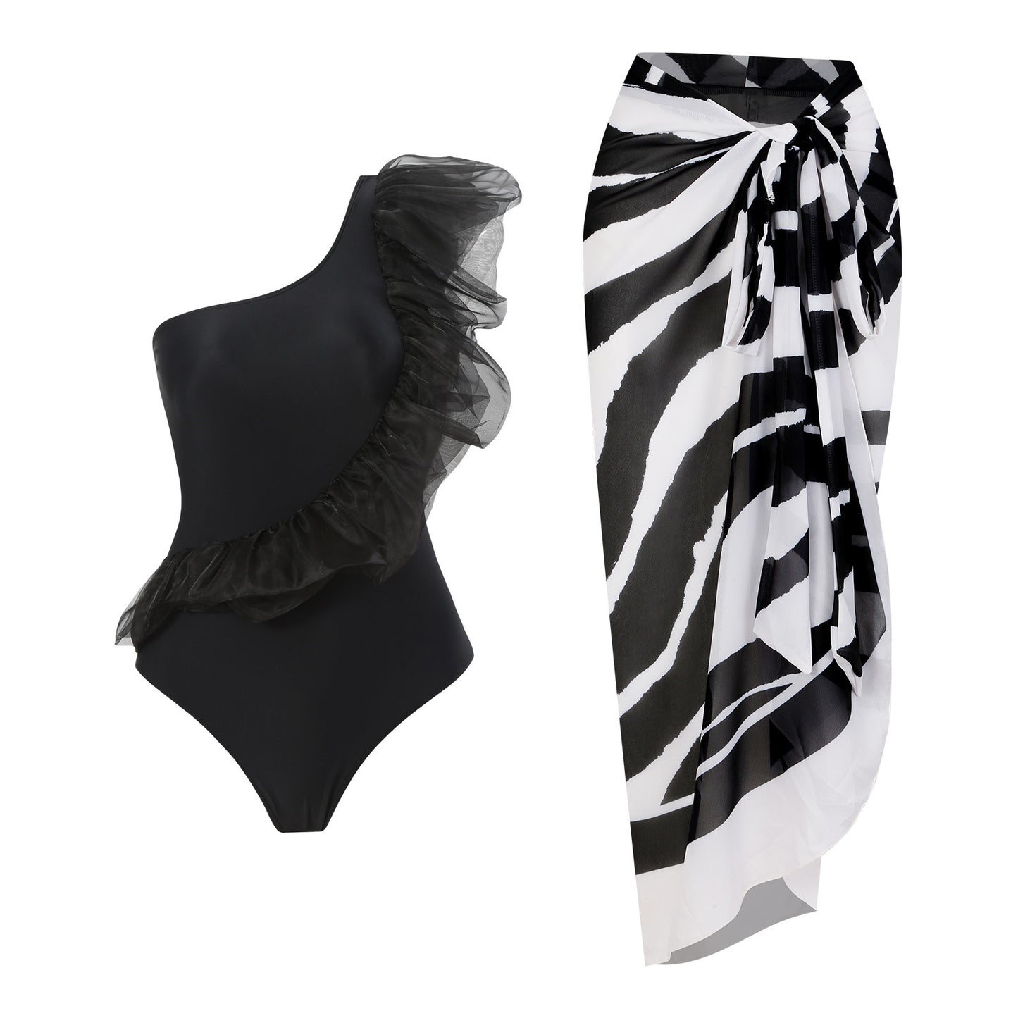 Maillot de bain une pièce pour femme avec décolleté en tulle volumineux et paréo à enfiler Chic und Stil