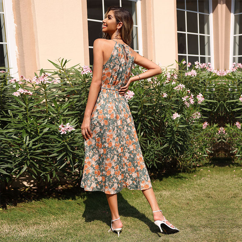 Robe maxi florale pliante pour femmes avec cordon de taille Chic und Stil