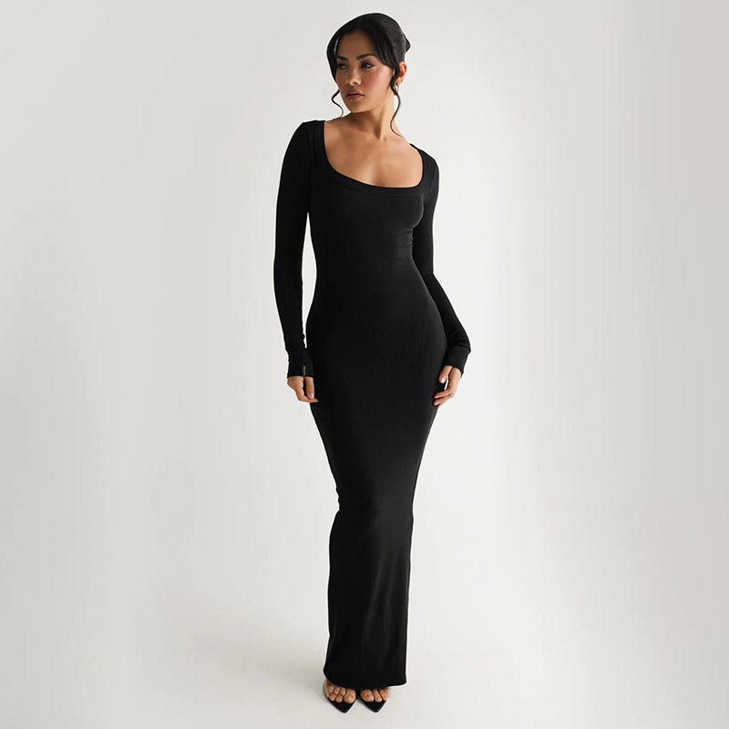 Dames Élégante robe longue avec décolleté en U profond et manches longues Chic und Stil
