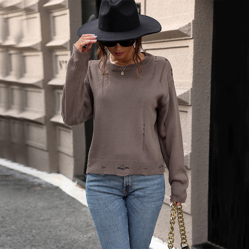 Pull en tricot décontracté pour femme avec un look utilisé à la mode et un col rond Chic und Stil