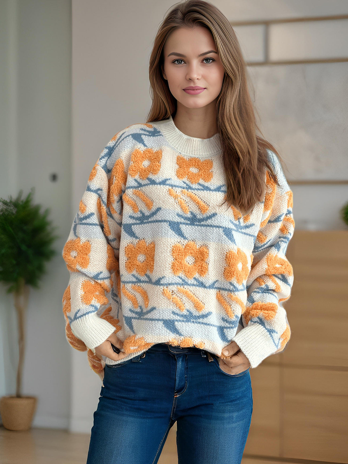Pull en tricot pour dames avec motif floral et coupe décontractée Chic und Stil