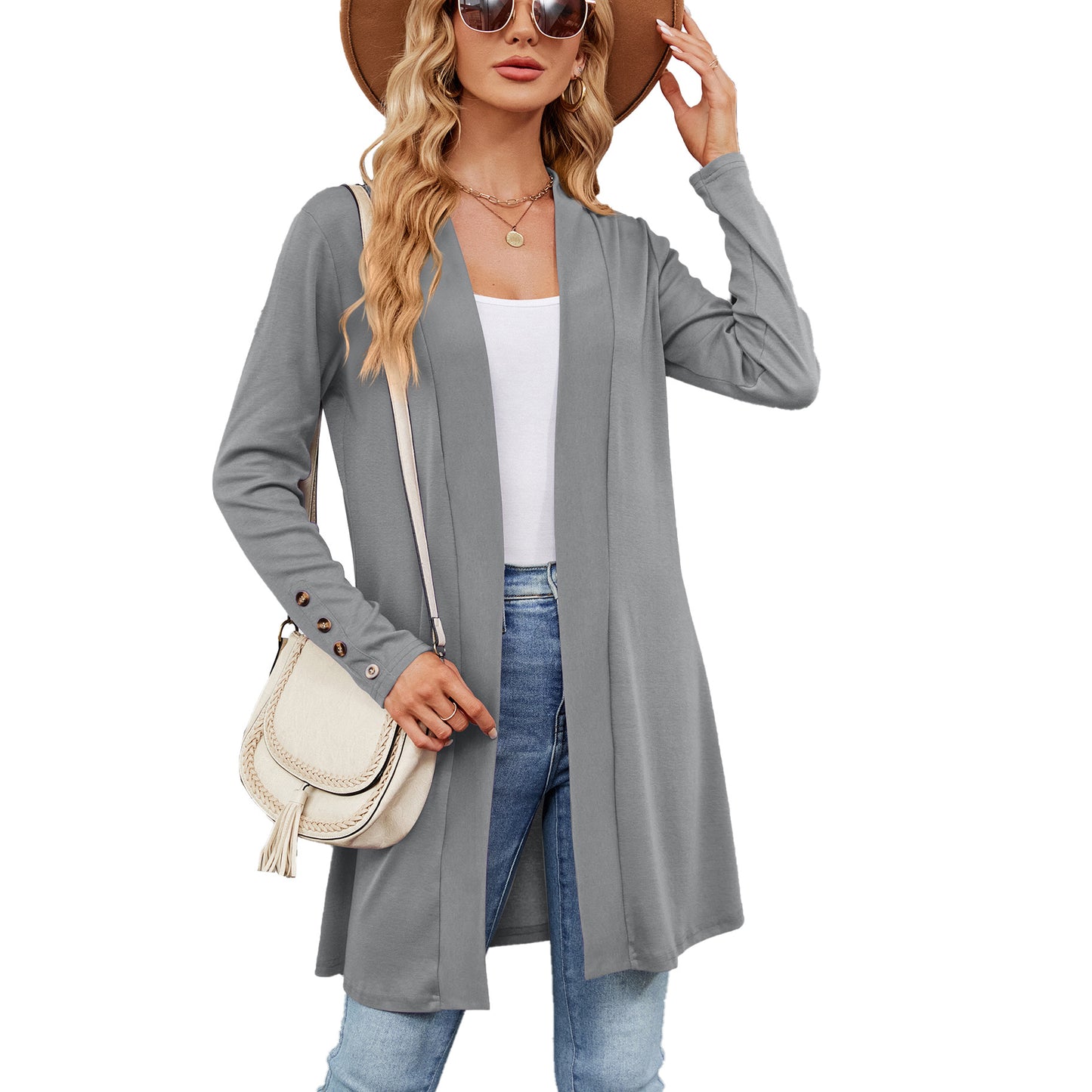 Cardigan longline pour femmes avec des détails de boutons tendance et une fermeture avant ouverte Chic und Stil