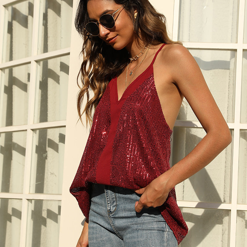 Blouse à paillettes scintillantes pour femmes avec décolleté en V Chic und Stil
