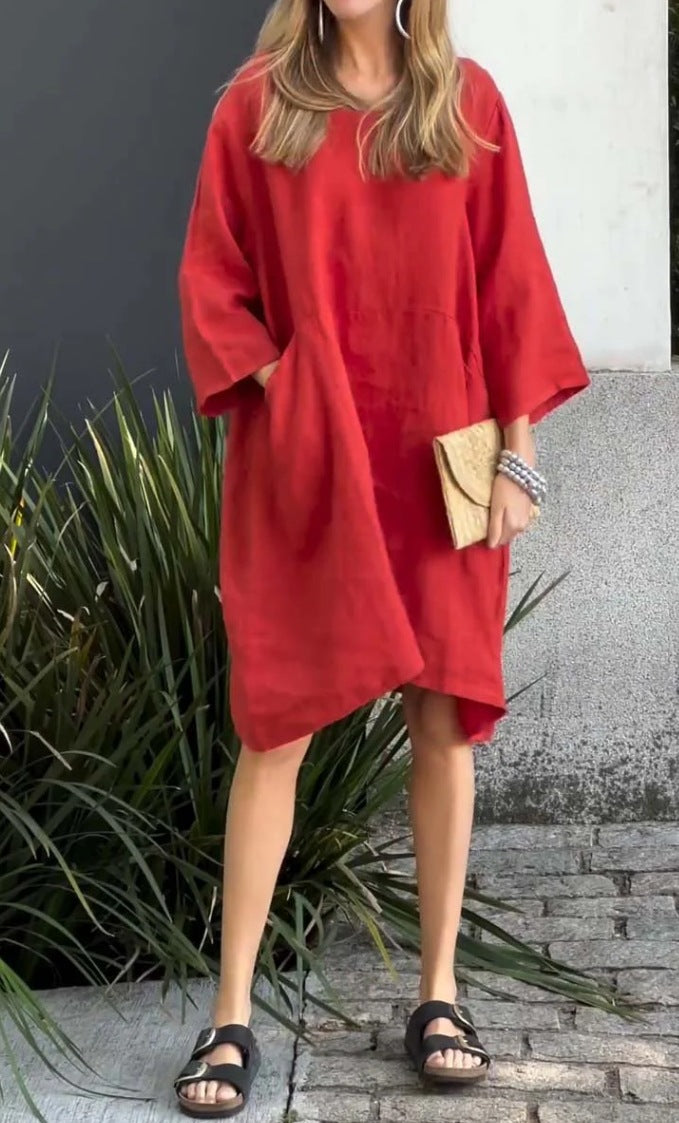 Robe en lin décontractée pour femmes avec poches pratiques et ourlet asymétrique Chic und Stil