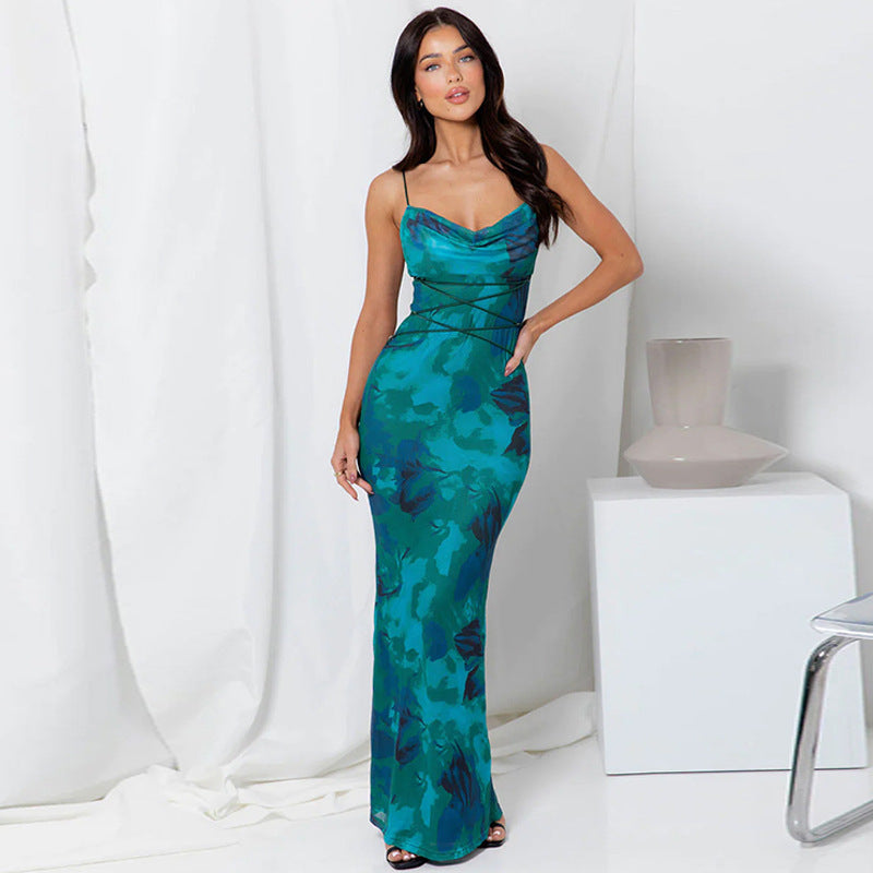 Chic and Stylish Women's Spaghetti Strap Maxi Dress with Draped Collar