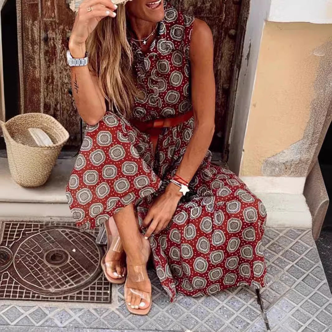 Robe maxi bohémienne pour femmes avec ceinture à la taille et motif floral Chic und Stil