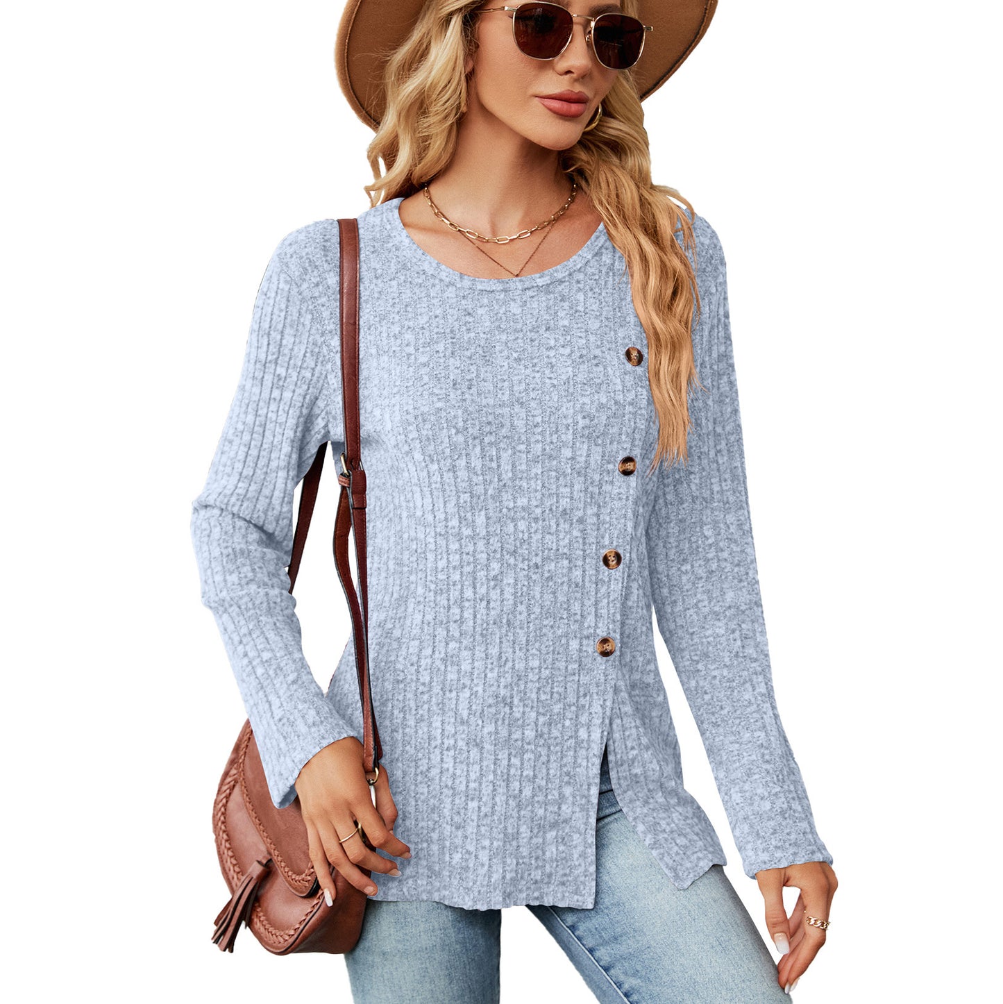 Blouse en tricot décontractée pour femmes avec un design à nouer et une fente latérale Chic und Stil