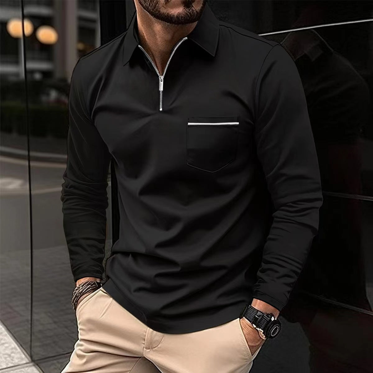 Chemise à manches longues pour hommes avec fermeture éclair et poche poitrine Chic und Stil