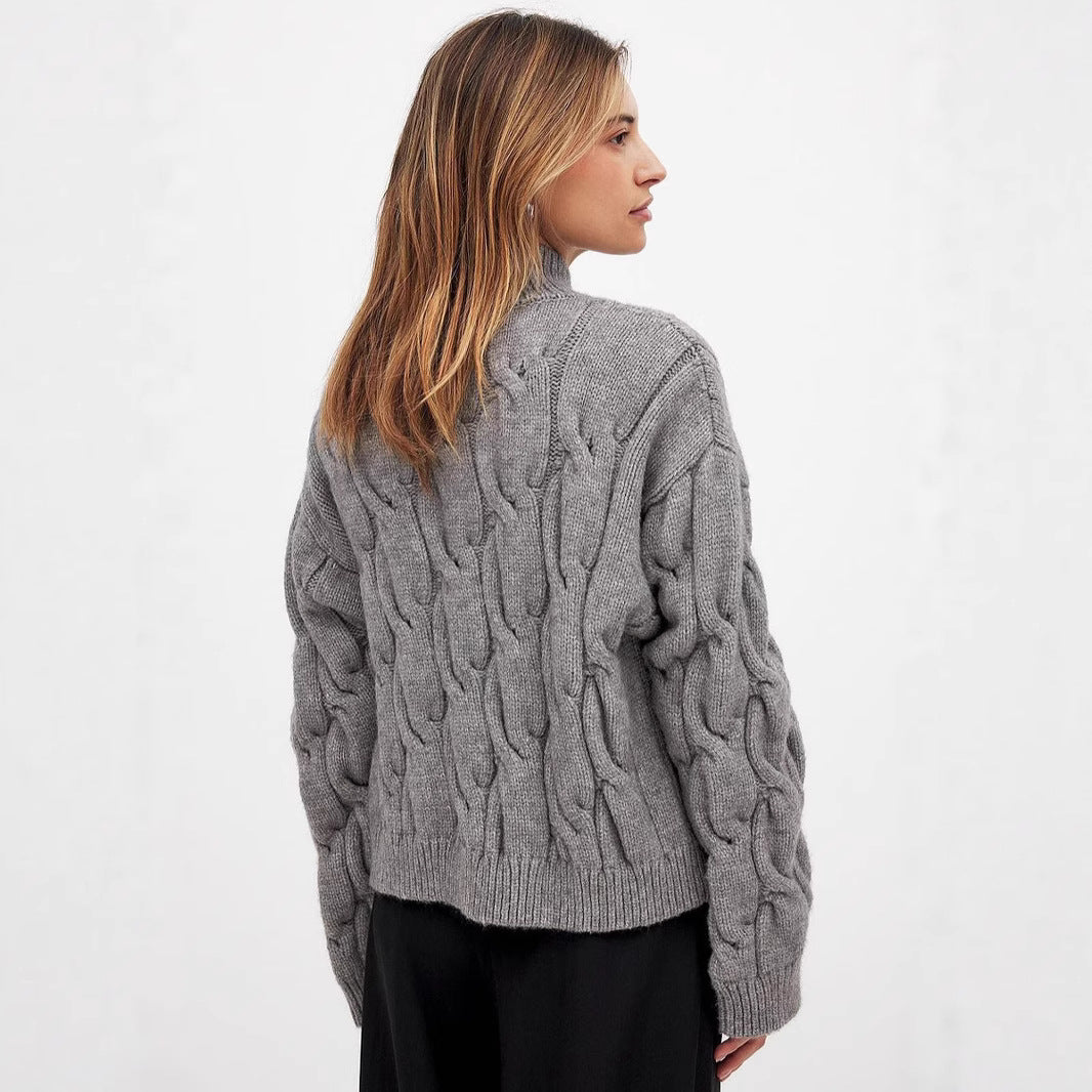 Pull en grosse maille pour femmes avec un col haut et un design de tresse romantique Chic und Stil