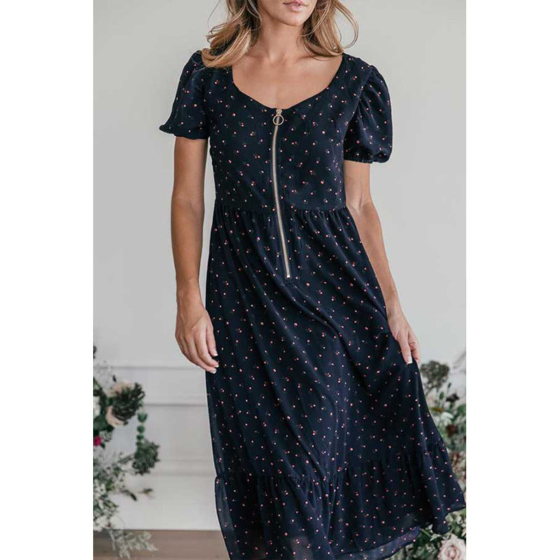 Robe midi florale raffinée pour femmes avec manches bouffantes et détail de fermeture éclair Chic und Stil