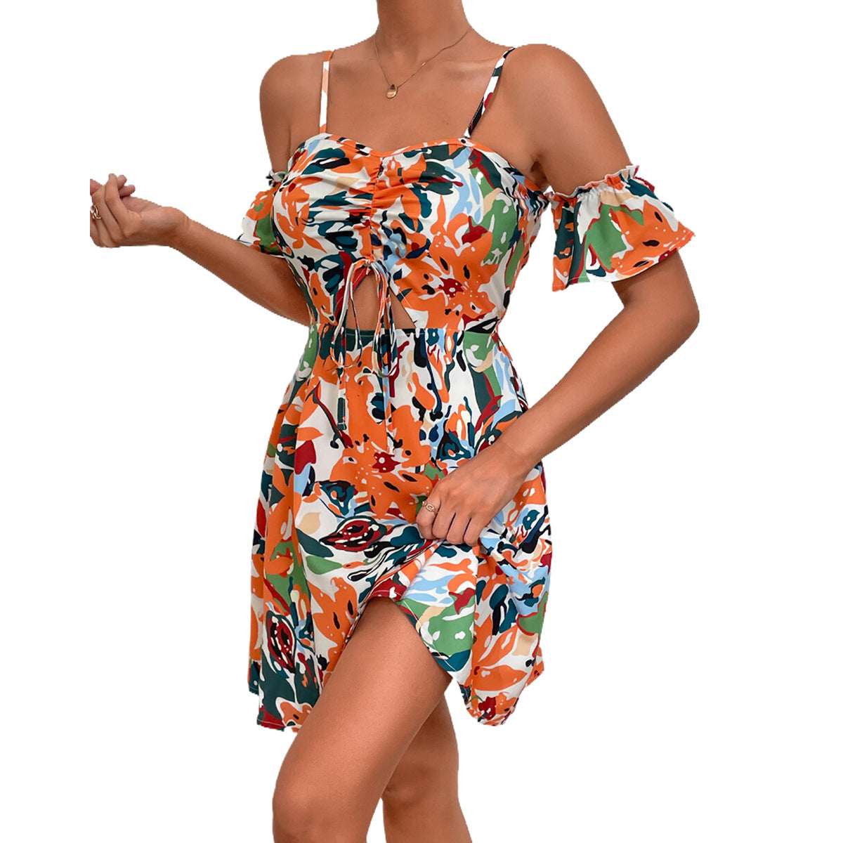 Robe mini femme avec des manches à volants sans épaules et des motifs floraux Chic und Stil