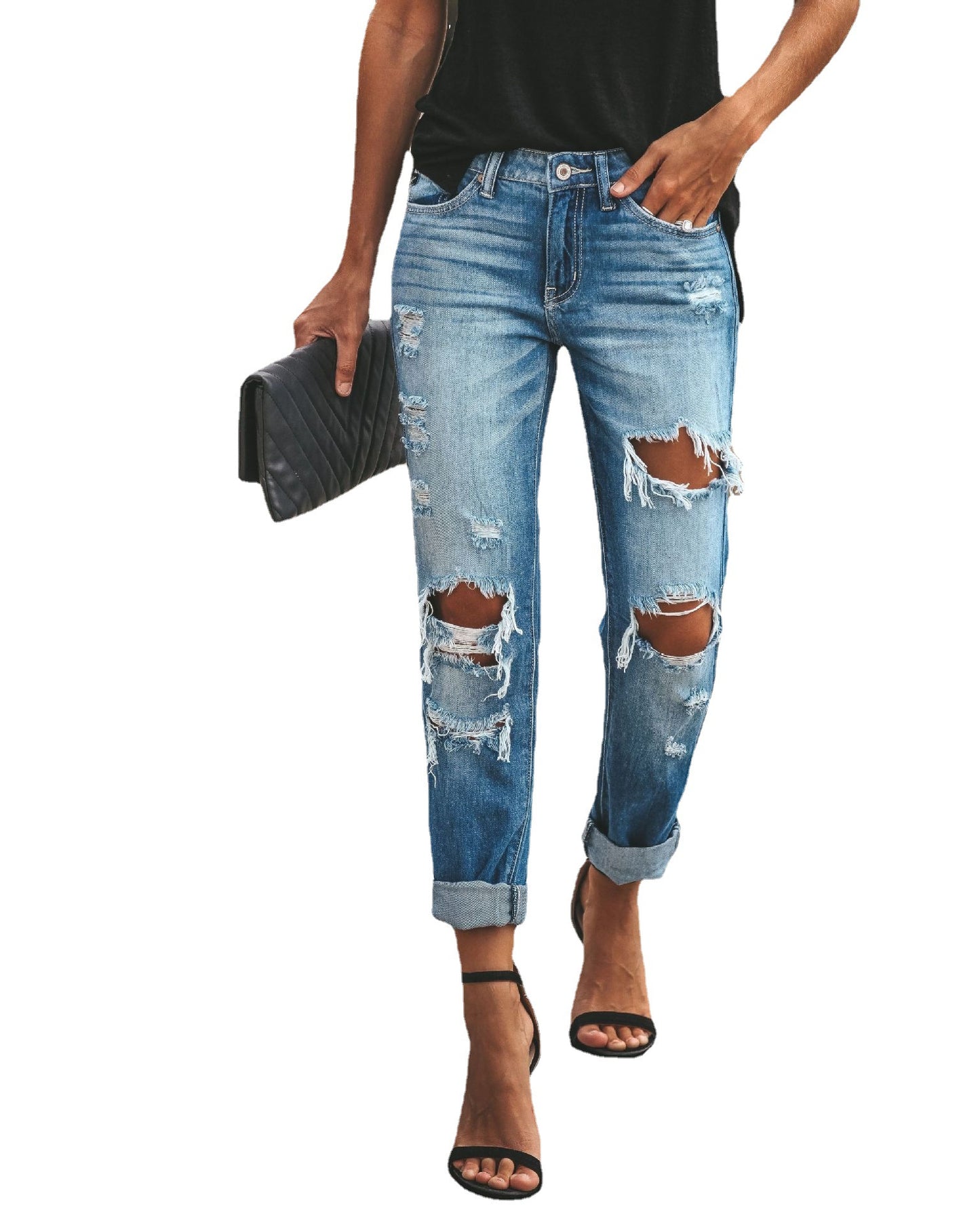 Jeans Boyfriend pour dames avec des détails détruits stylés et taille haute Chic und Stil