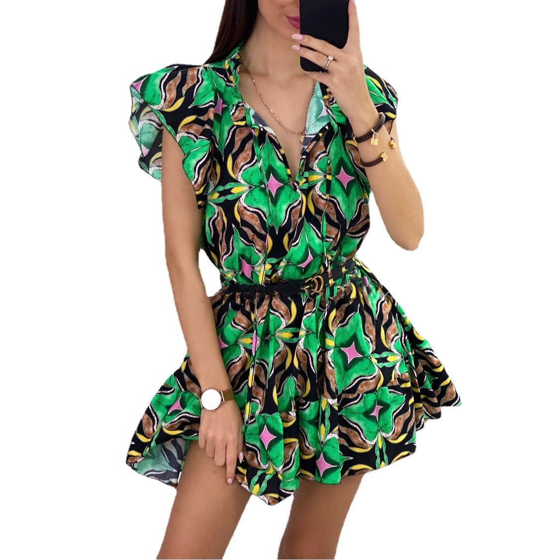 Robe mini florale élégante pour femmes avec des ourlets froncés Chic und Stil