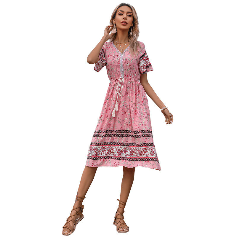Robe mi-longue décontractée bohème pour femmes avec détail de nouage à franges Chic und Stil