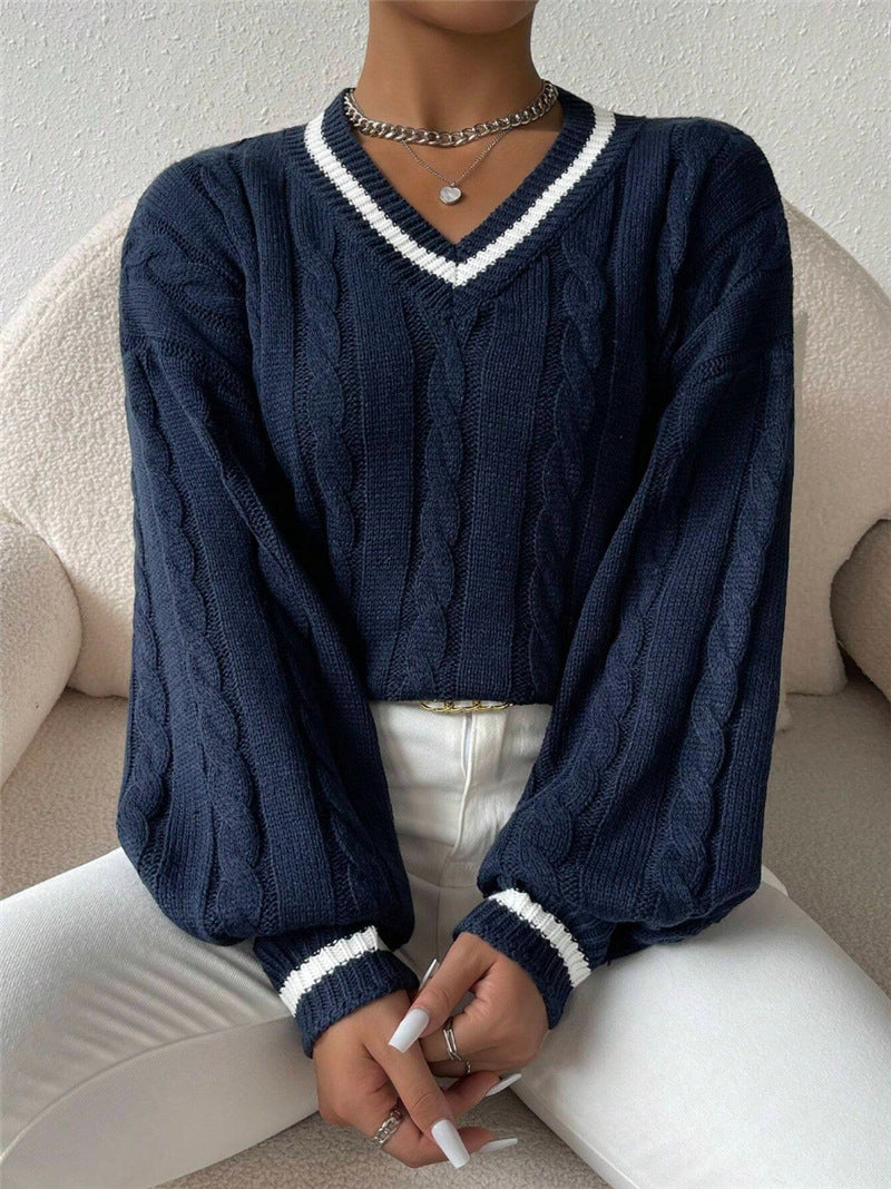 Pull en tricot pour femmes avec un décolleté en V tendance et un élégant motif en torsades Chic und Stil