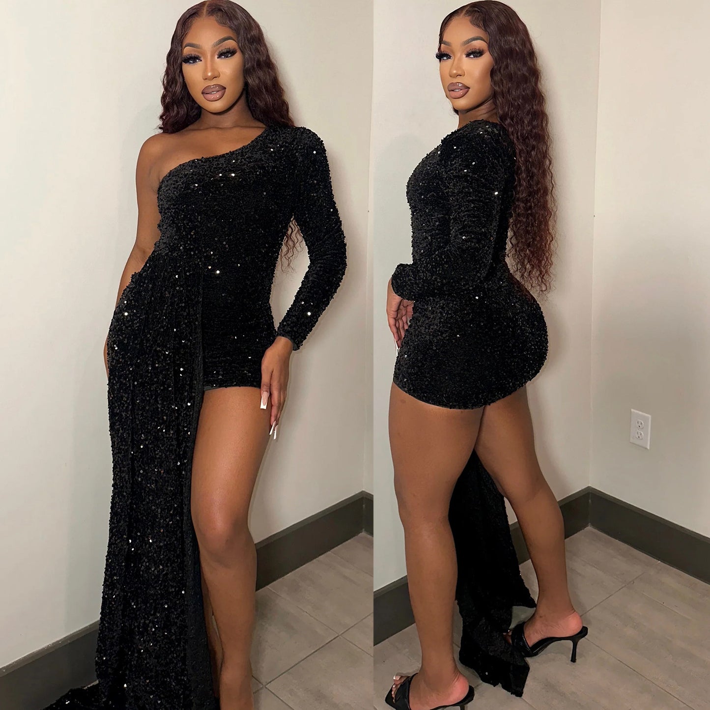 Robe de soirée élégante à paillettes à une épaule pour femmes Chic und Stil