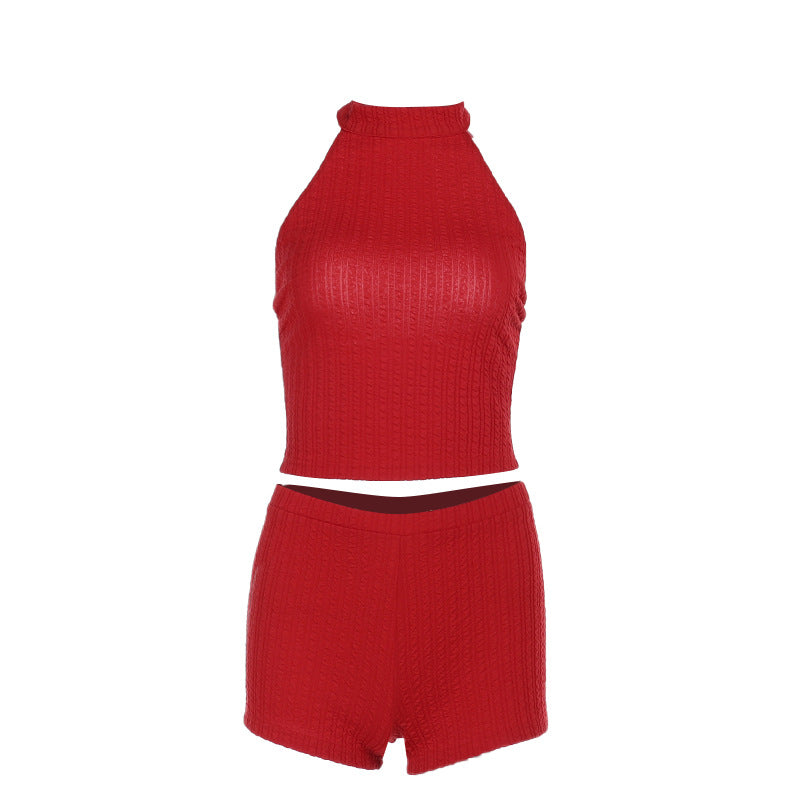 Femmes Halter Cou Tricot Ensemble Shorts Deux Pièces Chic und Stil