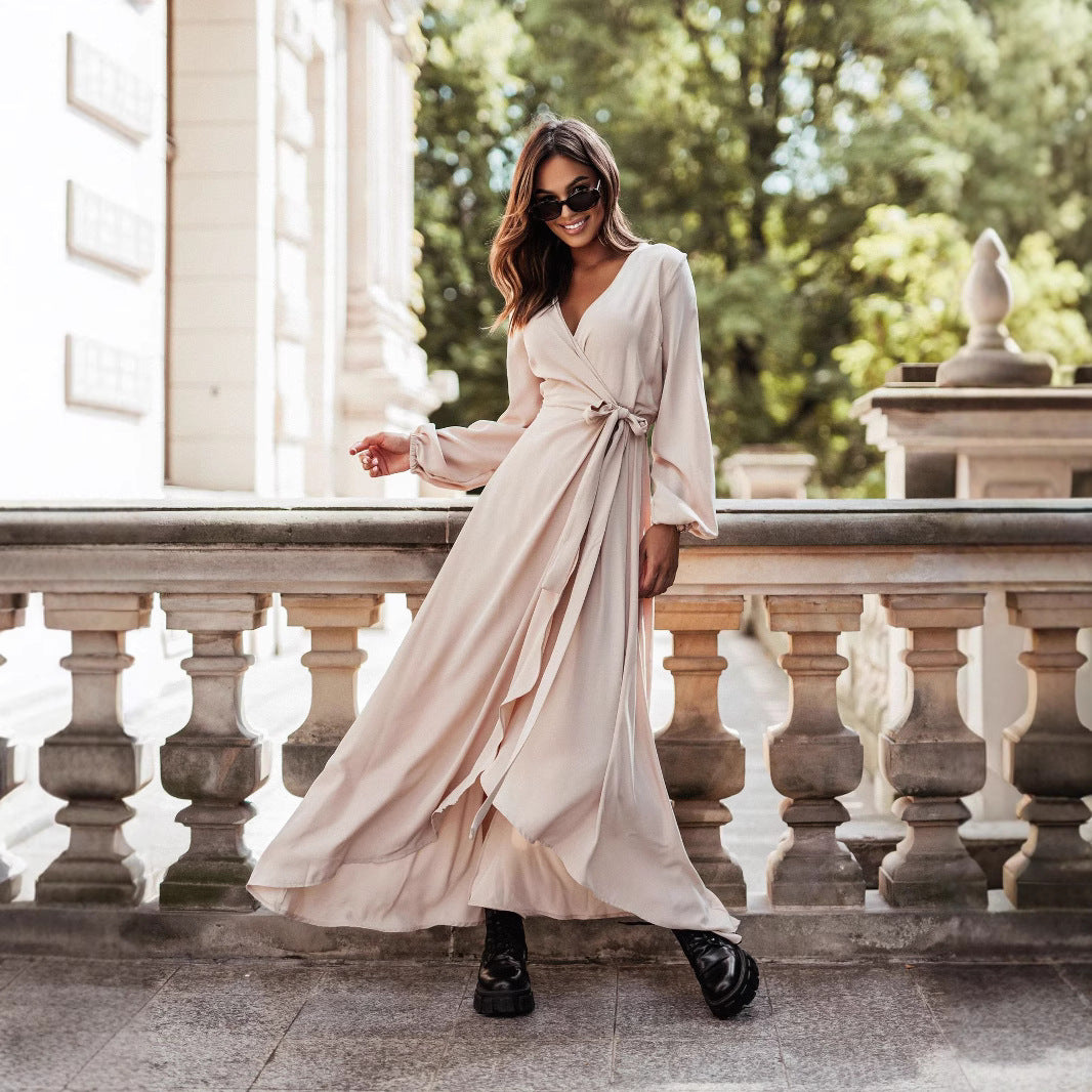 Robe maxi à manches longues pour femmes avec ceinture à la taille et élégants détails en volants Chic und Stil