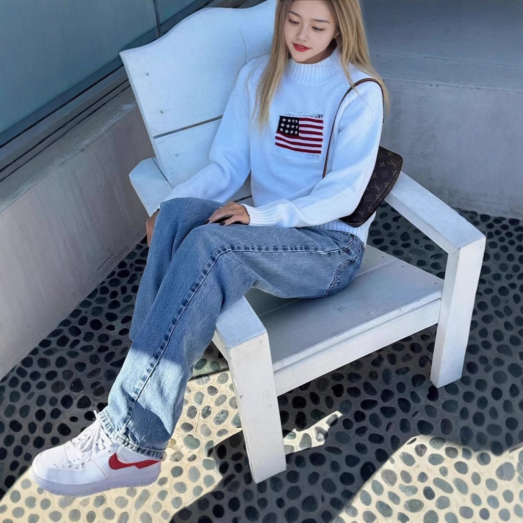 Pull décontracté pour femme avec motif de drapeau créatif et tricot doux Chic und Stil
