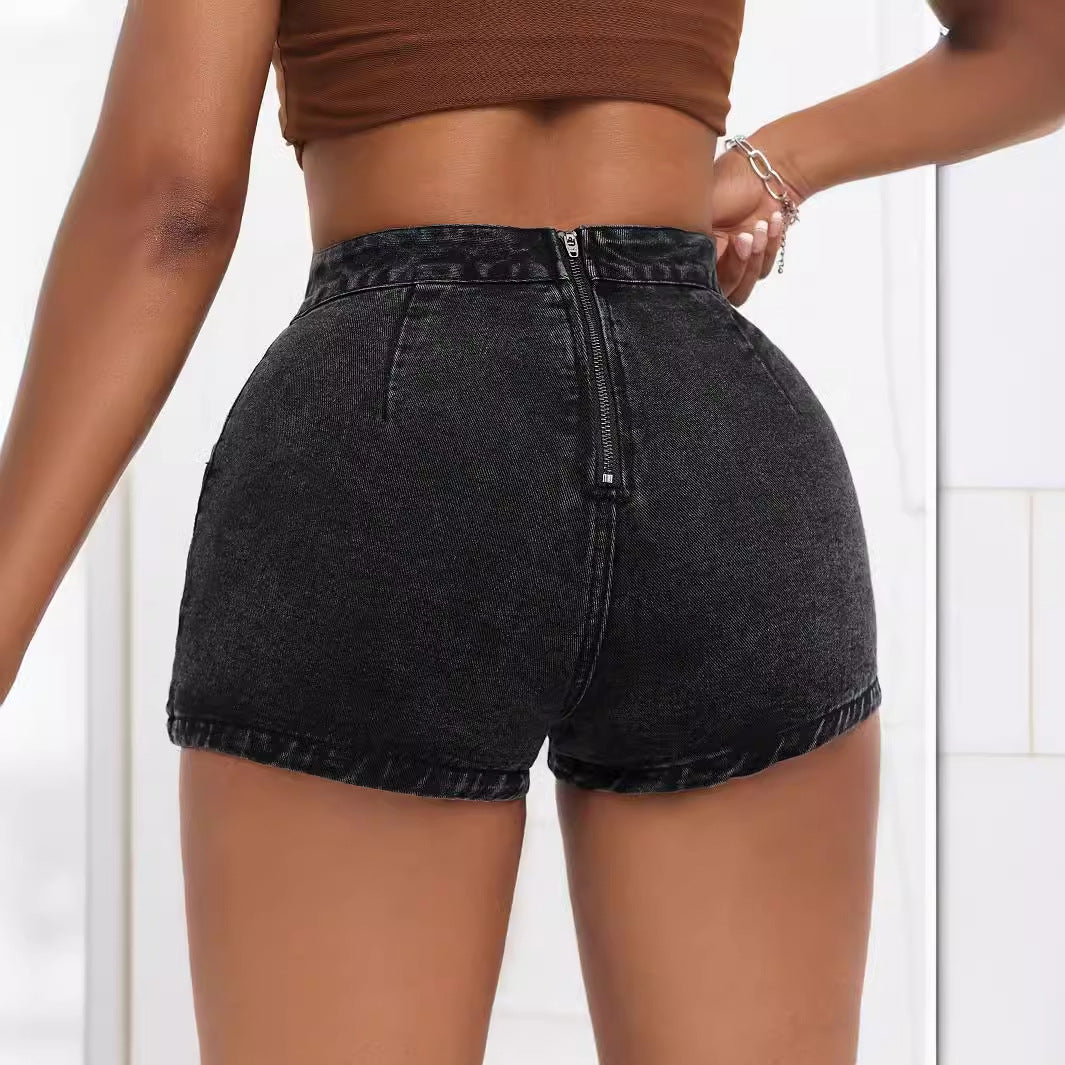 Shorts en denim taille haute pour femmes avec ceinture rembourrée et poches latérales Chic und Stil