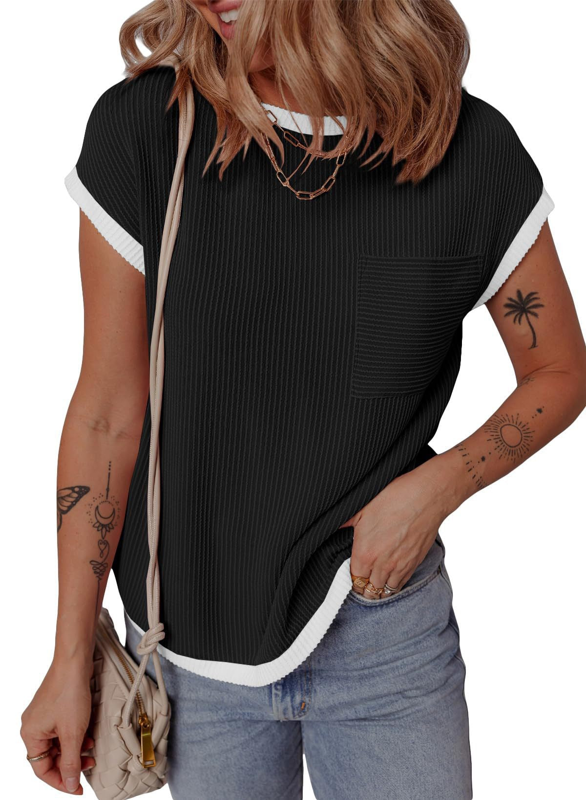 T-shirt en waffle décontracté et respirant pour dames avec poche Chic und Stil