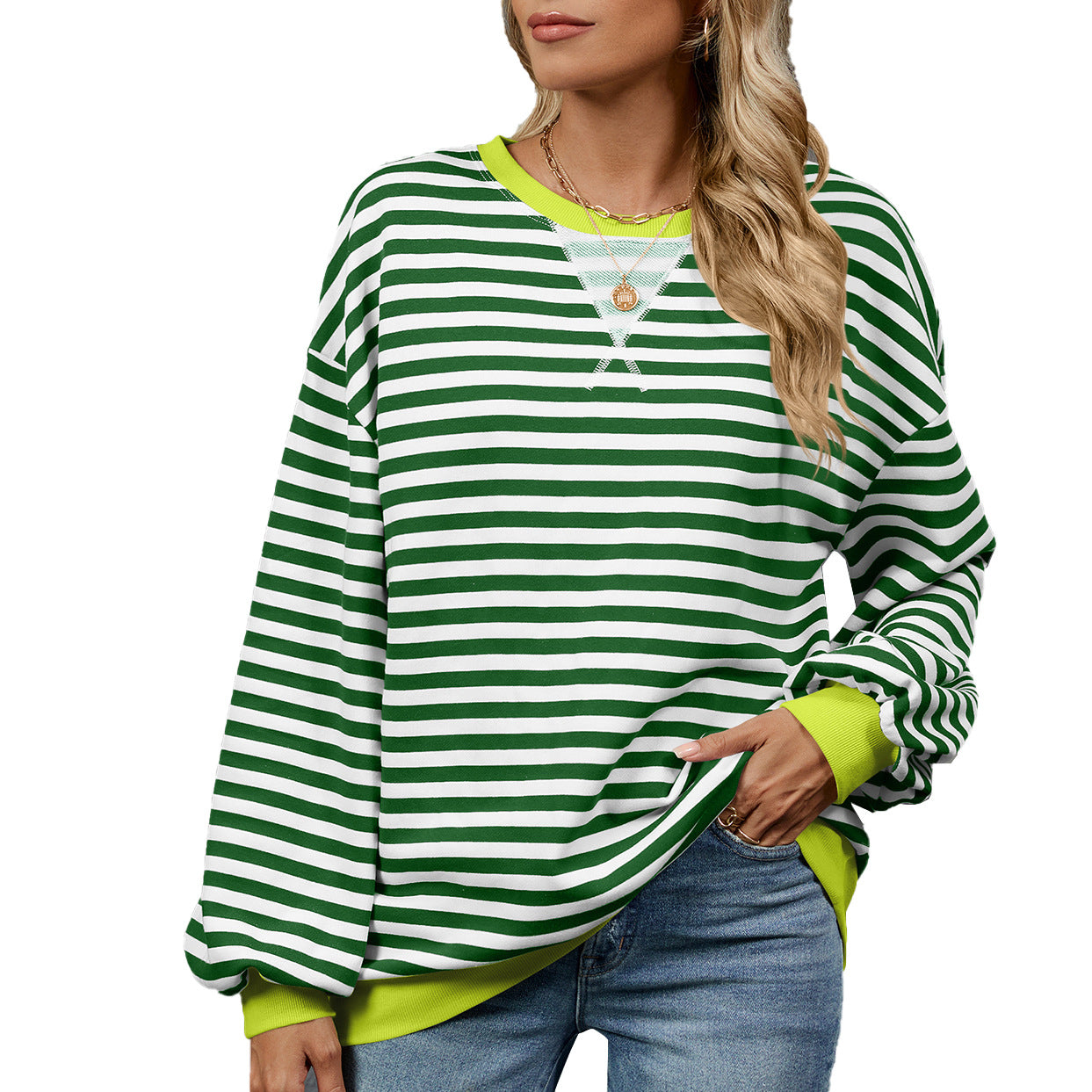 Casual women's sweatshirt with a trendy striped pattern and wide-cut sleeves Chic and Style