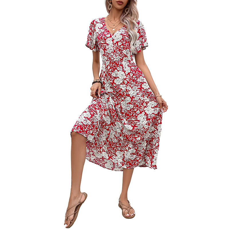 Robe midi à imprimé floral pour femmes avec décolleté en V et manches courtes flottantes Chic und Stil