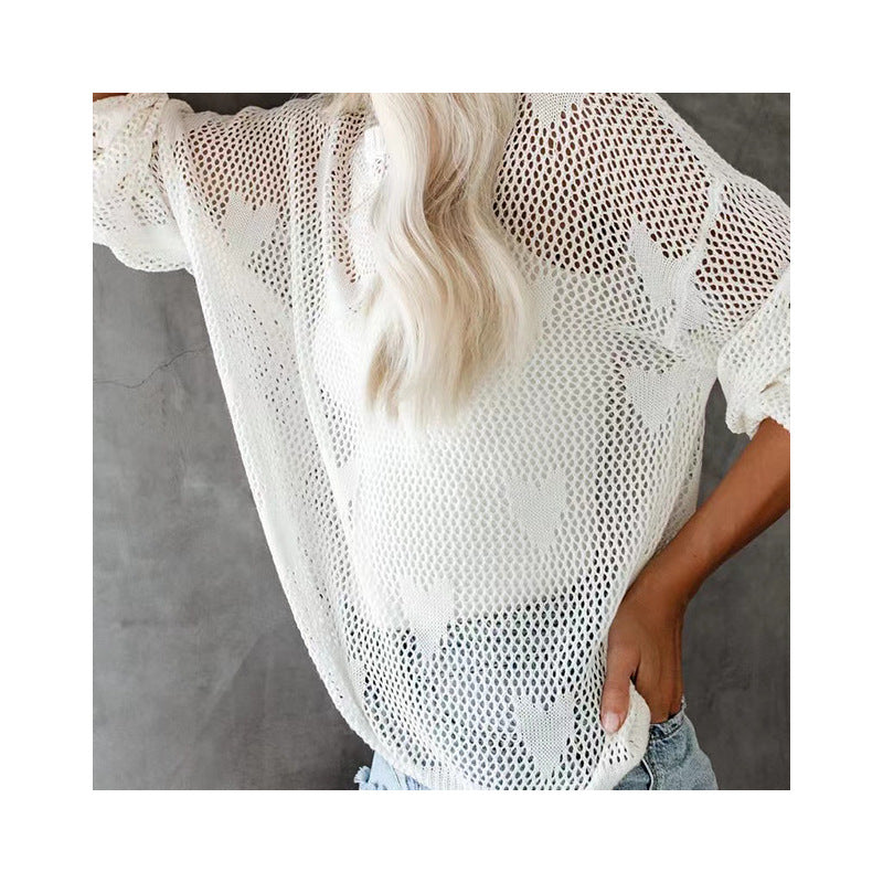 Dames Pull Over-Dimensionné en Maille avec Motif Cœur et Structure Aérée Chic und Stil
