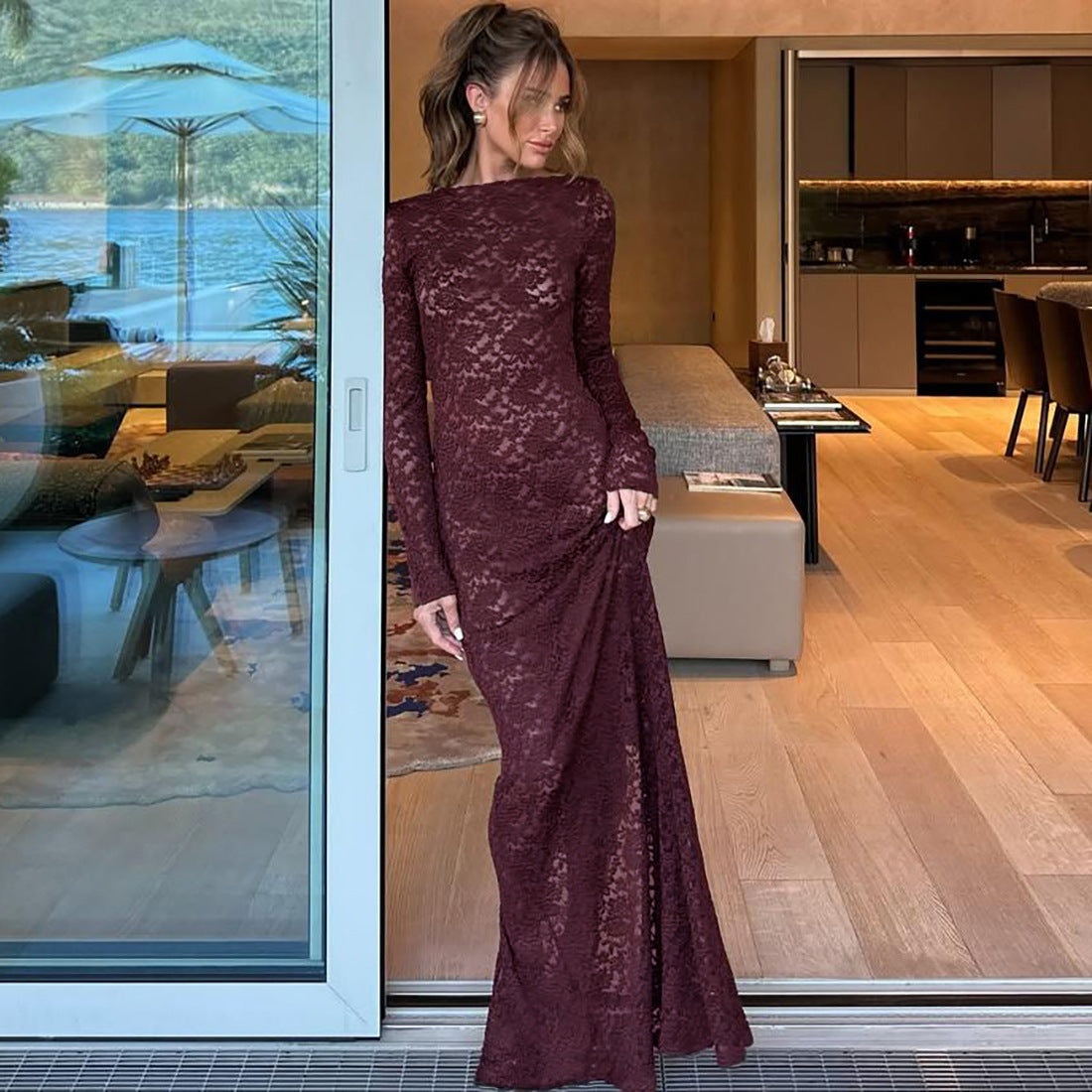 Robe maxi élégante en dentelle pour femmes avec manches longues Chic und Stil