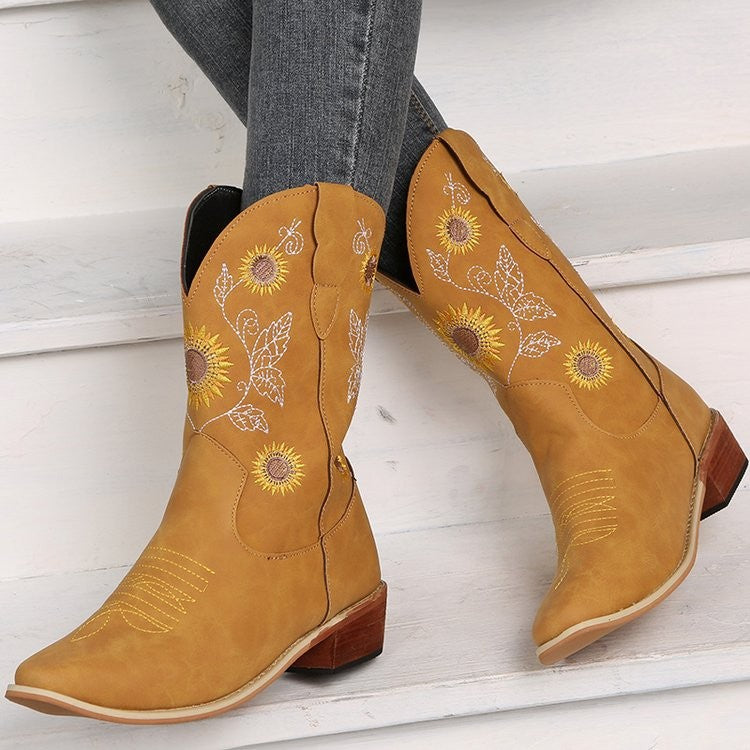 Bottes de cowboy pour femmes avec design floral brodé et robuste talon bloc Chic und Stil