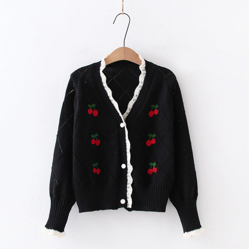 Dames cardigan en tricot épais confortable avec motif cerise décoratif Chic und Stil