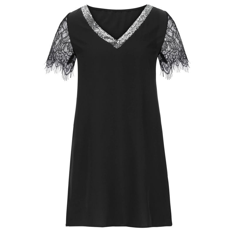 Robe shift élégante à décolleté en V pour femmes avec manches en dentelle Chic und Stil