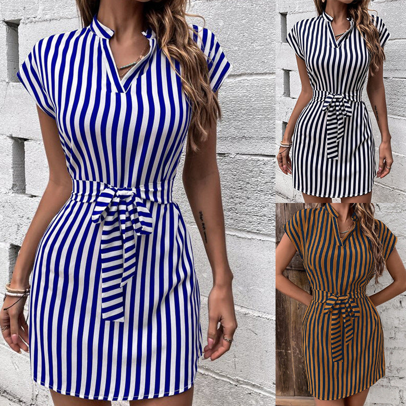 Women's Short Sleeve Shirt Dress with Tie Belt and Elegant Chic and Style Stripe