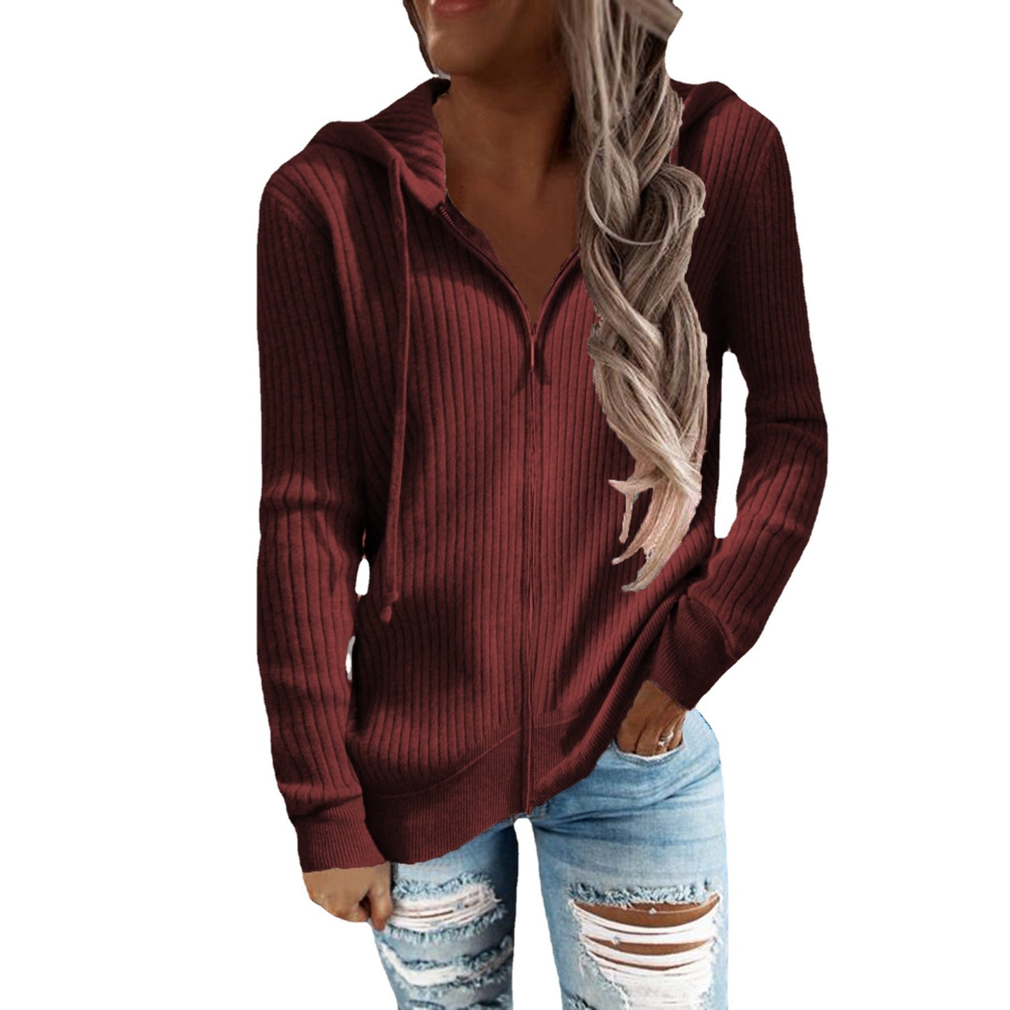 Veste à capuche pour femmes au design moderne en tricot côtelé avec poches Chic und Stil