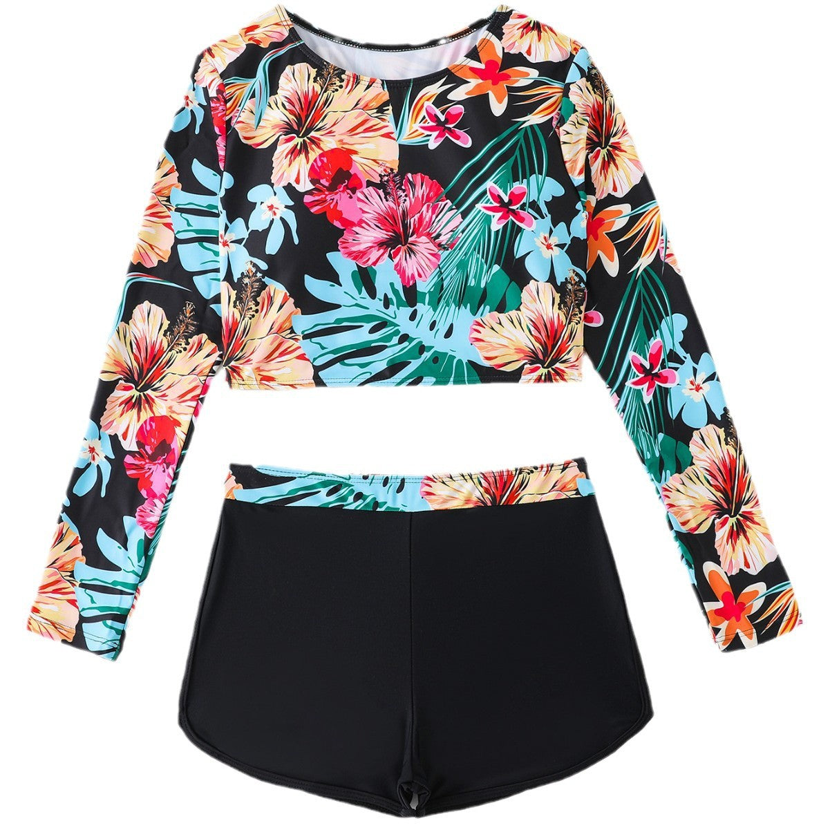 Haut de bikini à manches longues pour femmes avec une coupe sportive et un design floral Chic und Stil