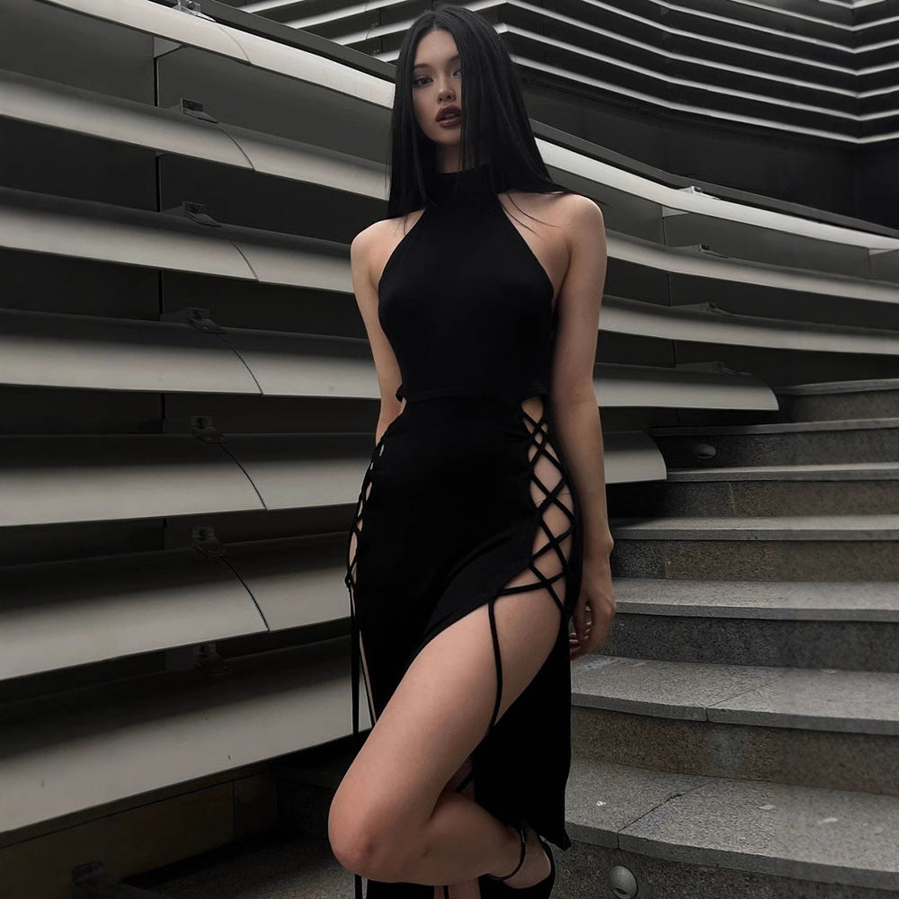 Robe maxi à dos nu pour femmes avec fente latérale et détails en lacet Chic und Stil