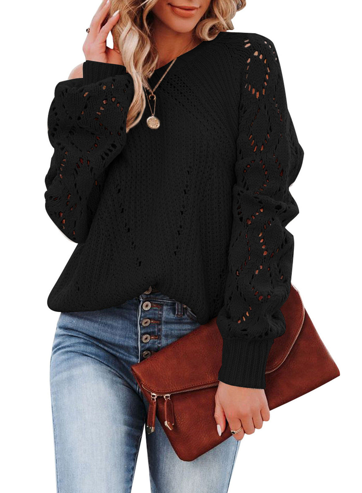 Pull en tricot pour femmes avec un élégant motif ajouré et des manches volumineuses Chic und Stil