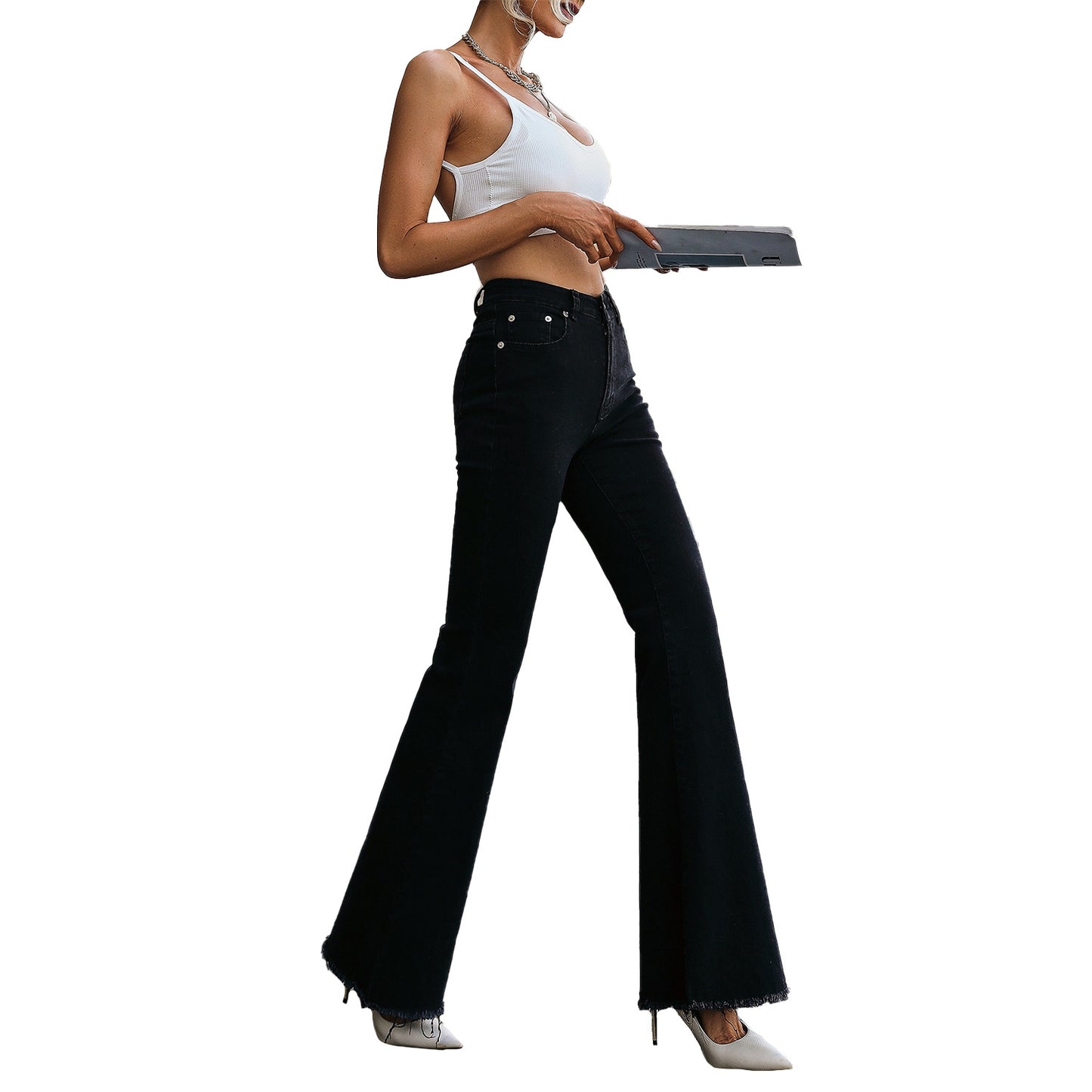 Jean évasé pour femmes avec taille haute et ourlet effiloché Chic und Stil
