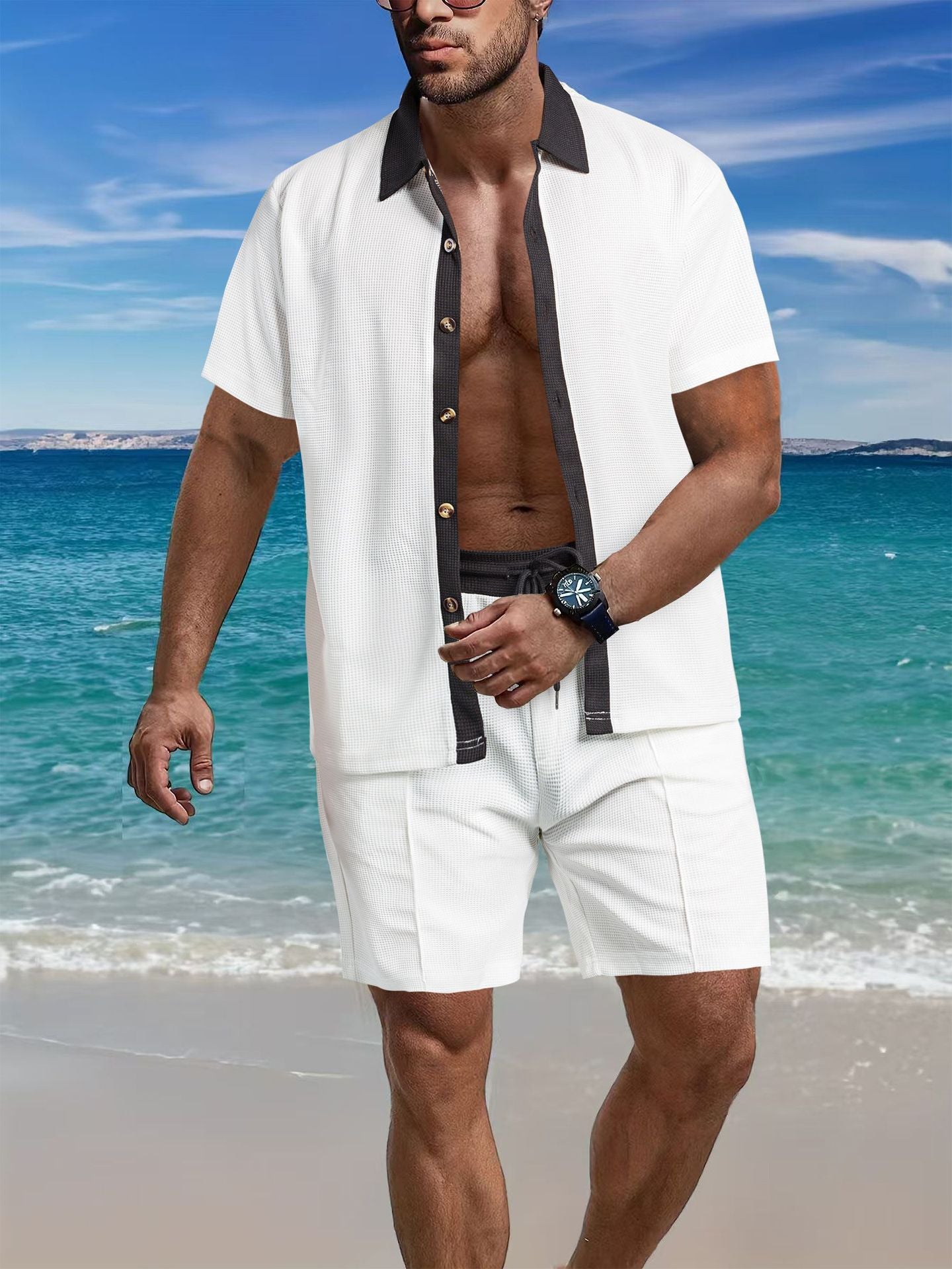 Homme ensemble de chemise à manches courtes décontractée et de shorts au design structuré Chic und Stil