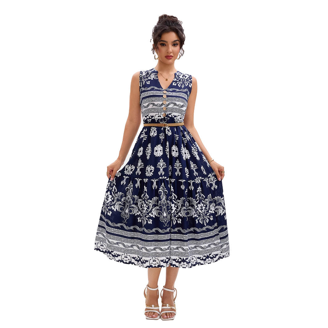 Dames Vintage Floral Boutonné Midi Robe Chic und Stil