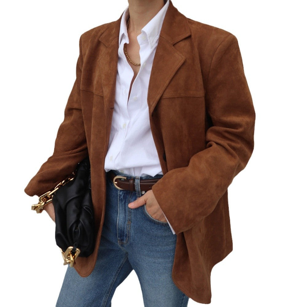 Blazer en daim pour femmes au style oversized avec des détails de couture élégants Chic und Stil