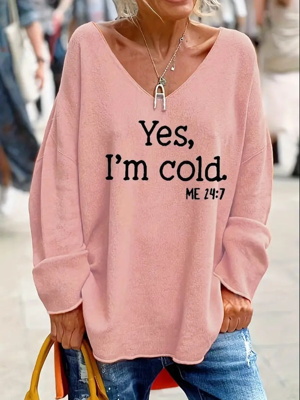Dames pull oversized avec décolleté en V moderne et statement imprimé Chic und Stil