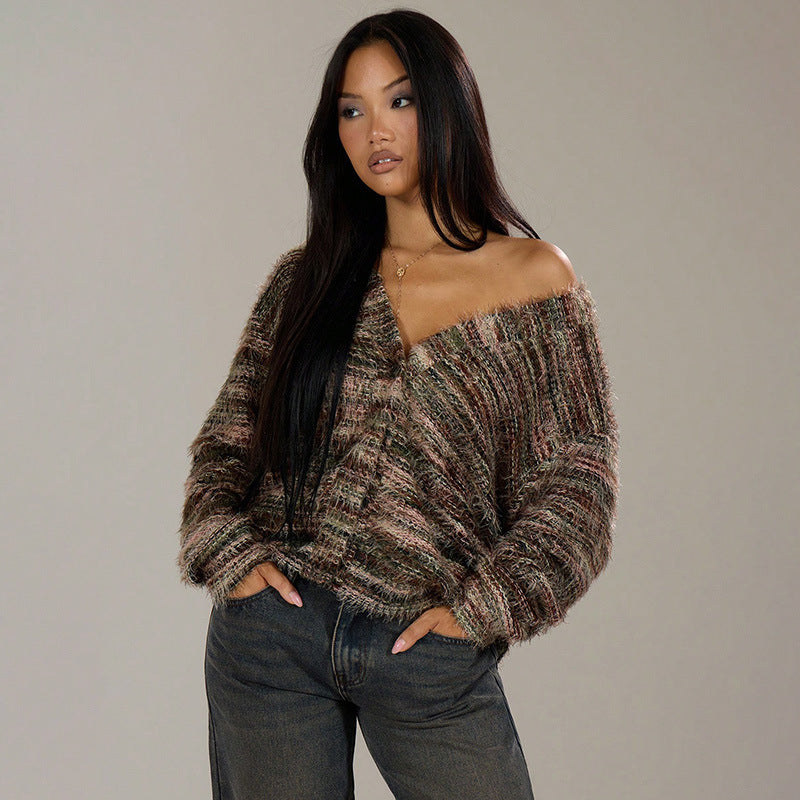 Dames Pull-over en peluche avec décolleté en V profond et coupe ample Chic und Stil
