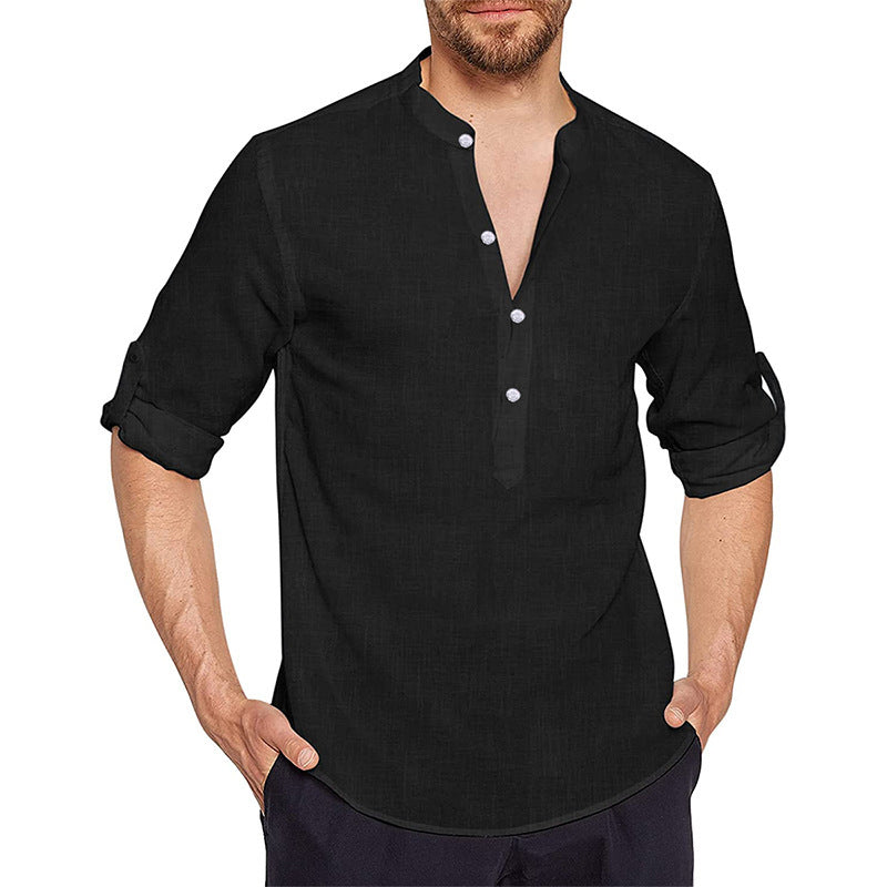 Chemise en lin pour hommes avec col montant moderne et patte de boutonnage classique Chic und Stil