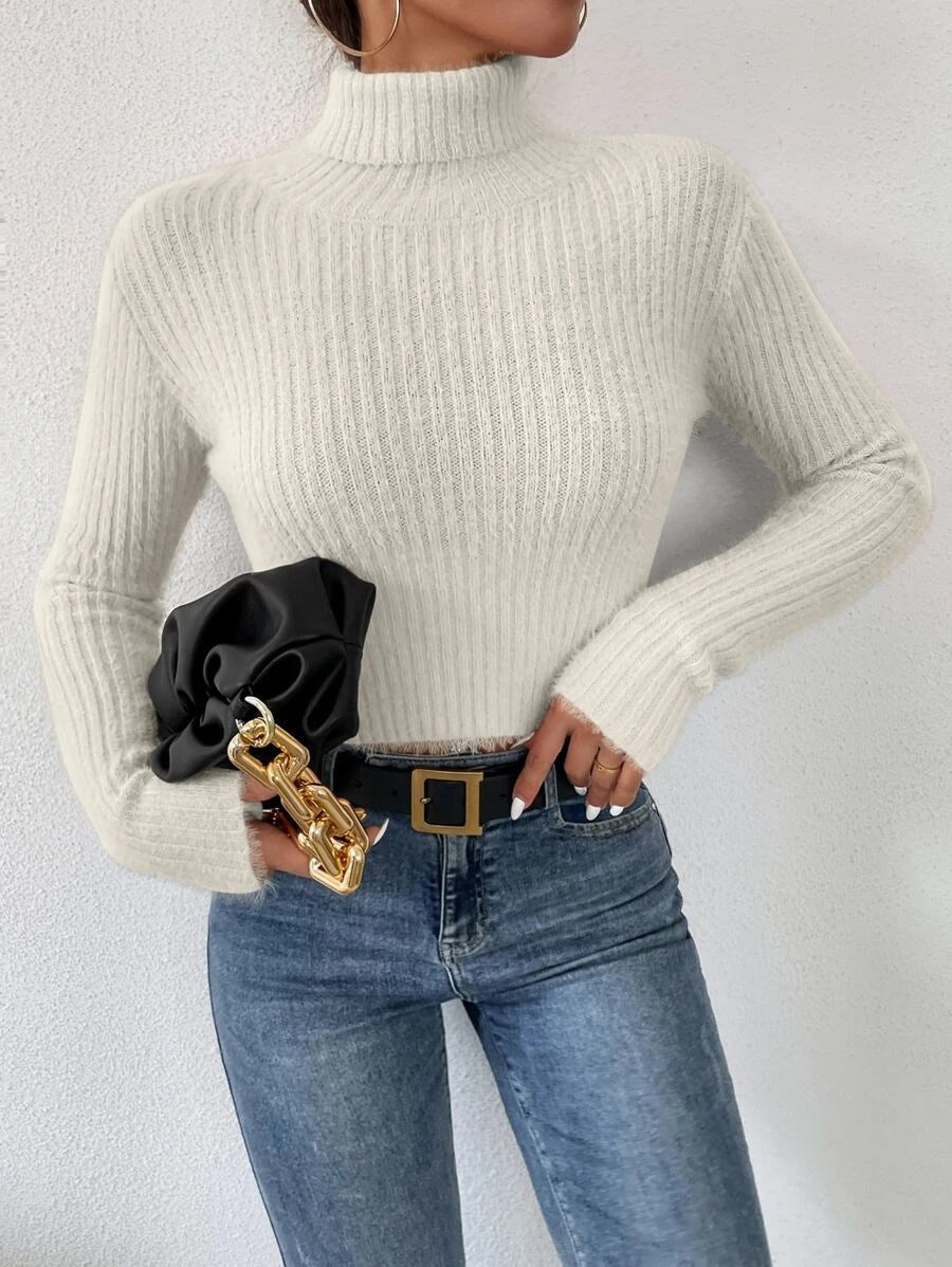 Dames pull fin en tricot avec col montant et design à côtes moderne Chic und Stil