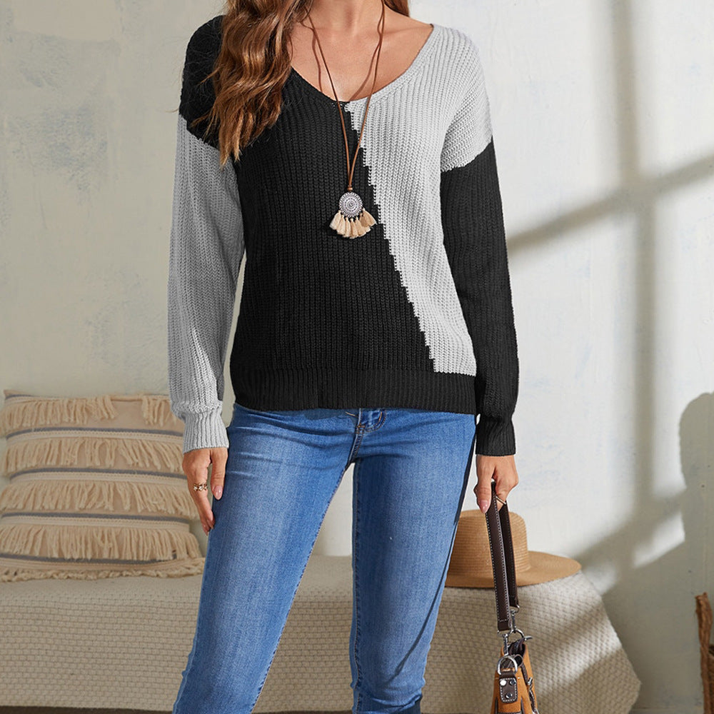 Pull décontracté pour femmes avec jeu de couleurs asymétrique et décolleté en V Chic und Stil
