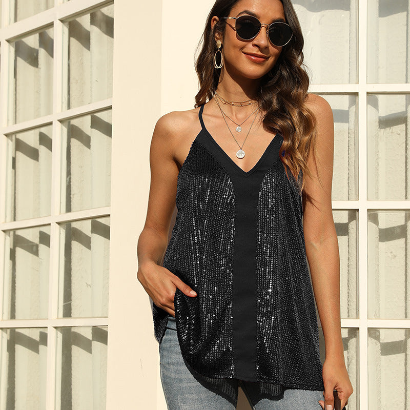 Blouse à paillettes scintillantes pour femmes avec décolleté en V Chic und Stil