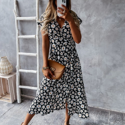 Chic and elegant women's floral wrap midi dress